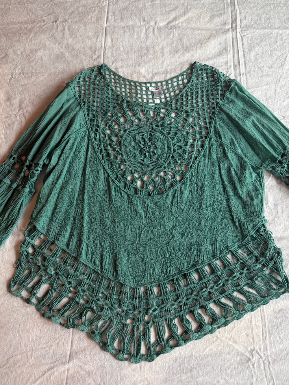 Women’s Crochet Yoke Teal Green Boho Top